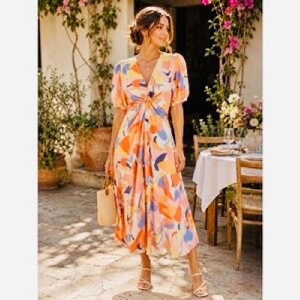 White Closet Elements Abstract Floral Twist Front Resortwear MIDI Dress Large